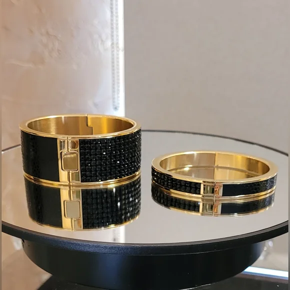 SWAROVSKI VINTAGE BANGLE BLACK CRYSTAL LEATHER EXTRA WIDE HINGED